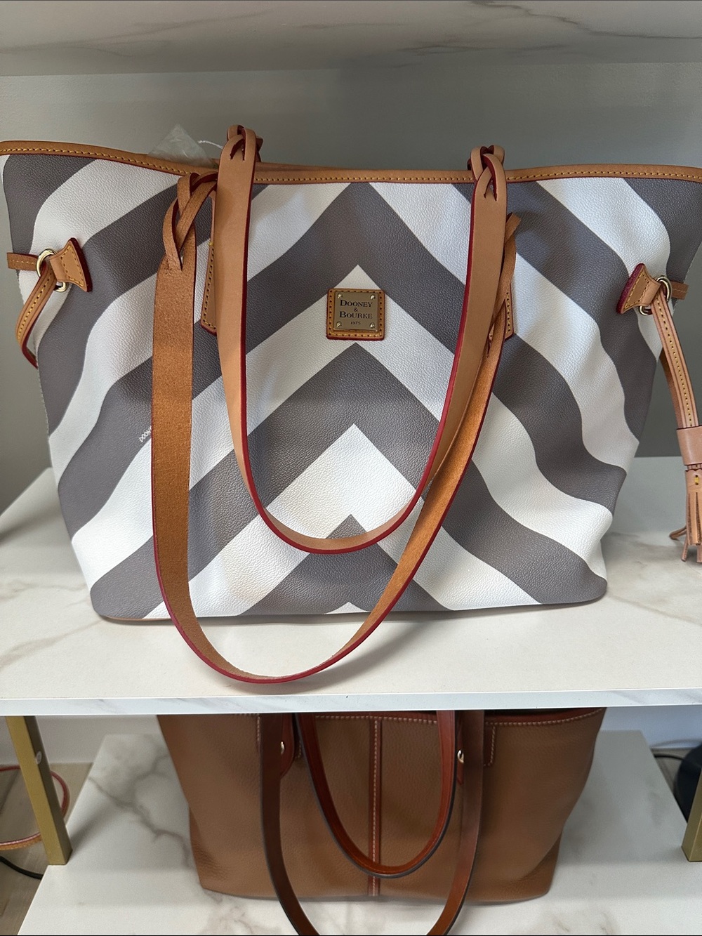 Dooney & Bourke Gray and White Chevron Tote with Tan Trim